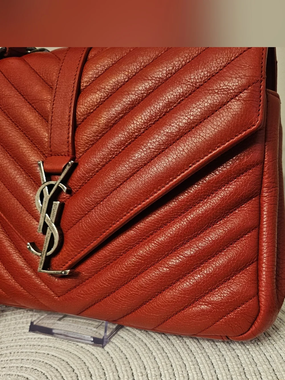 YSL Saint Laurent College Medium Red Chevron Leather Bag - Picture 3 of 16